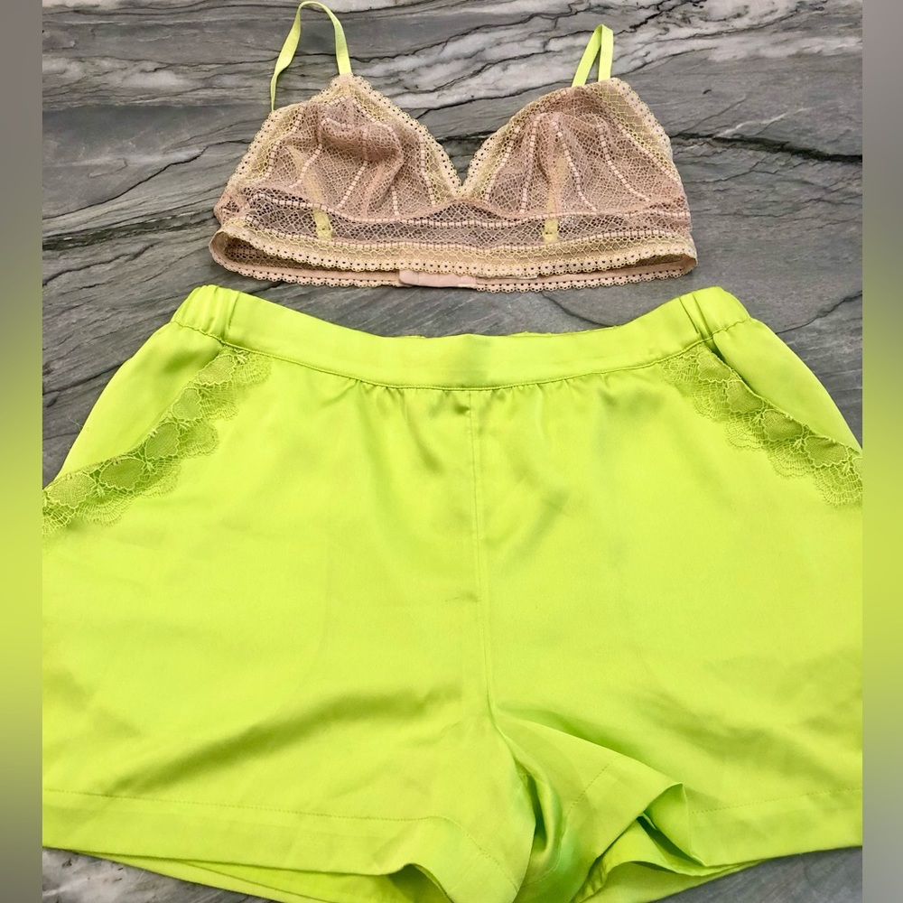 Guess Beige and Neon Green Lace Bralette and Shorts Set